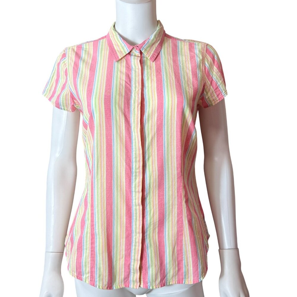 IZOD Button-Down Shirt Womens Pink Multicolor Striped Cotton Short Sleeve